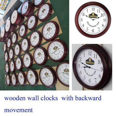 anti-clockwise round wall clocks/wooden wall clocks with backwards quartz battery movement